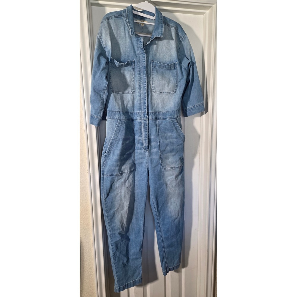 Lana Roux Los Angeles Denim Utility Jumpsuit Light Wash Blue Women Large